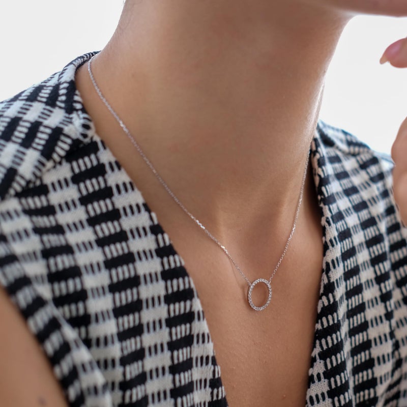 espere Rhodium Plated Paved Circle Pendant Sterling Silver Necklace for Women - Image 4
